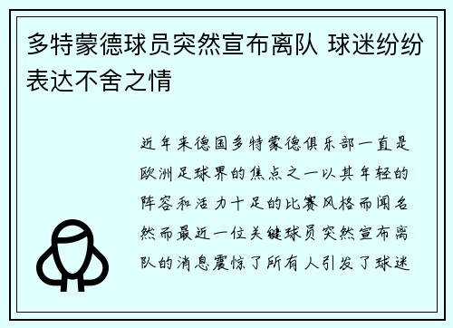 多特蒙德球员突然宣布离队 球迷纷纷表达不舍之情