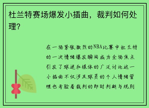 杜兰特赛场爆发小插曲，裁判如何处理？